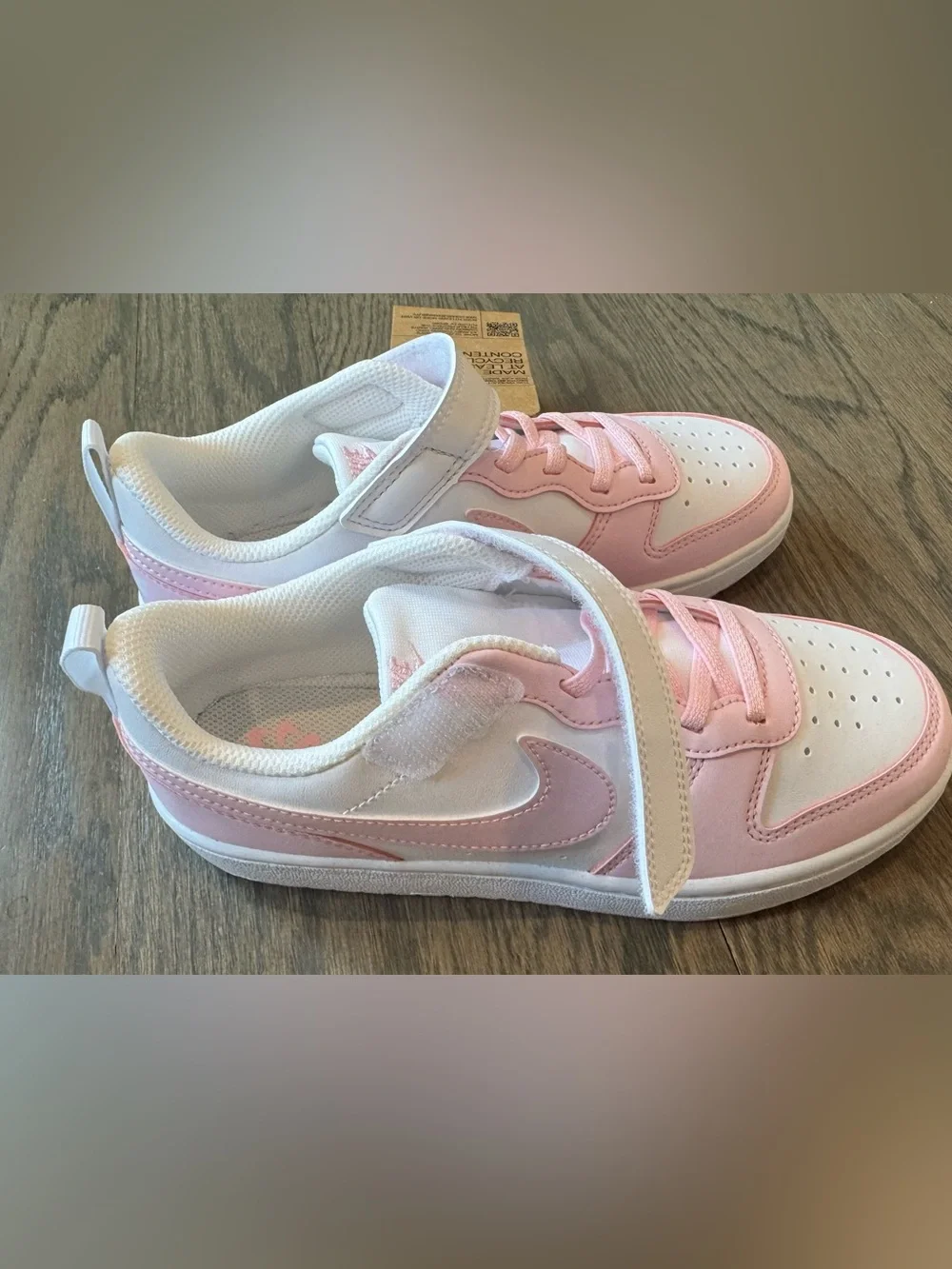 Nike Kids Pink and White court borough low Velcro Sneakers